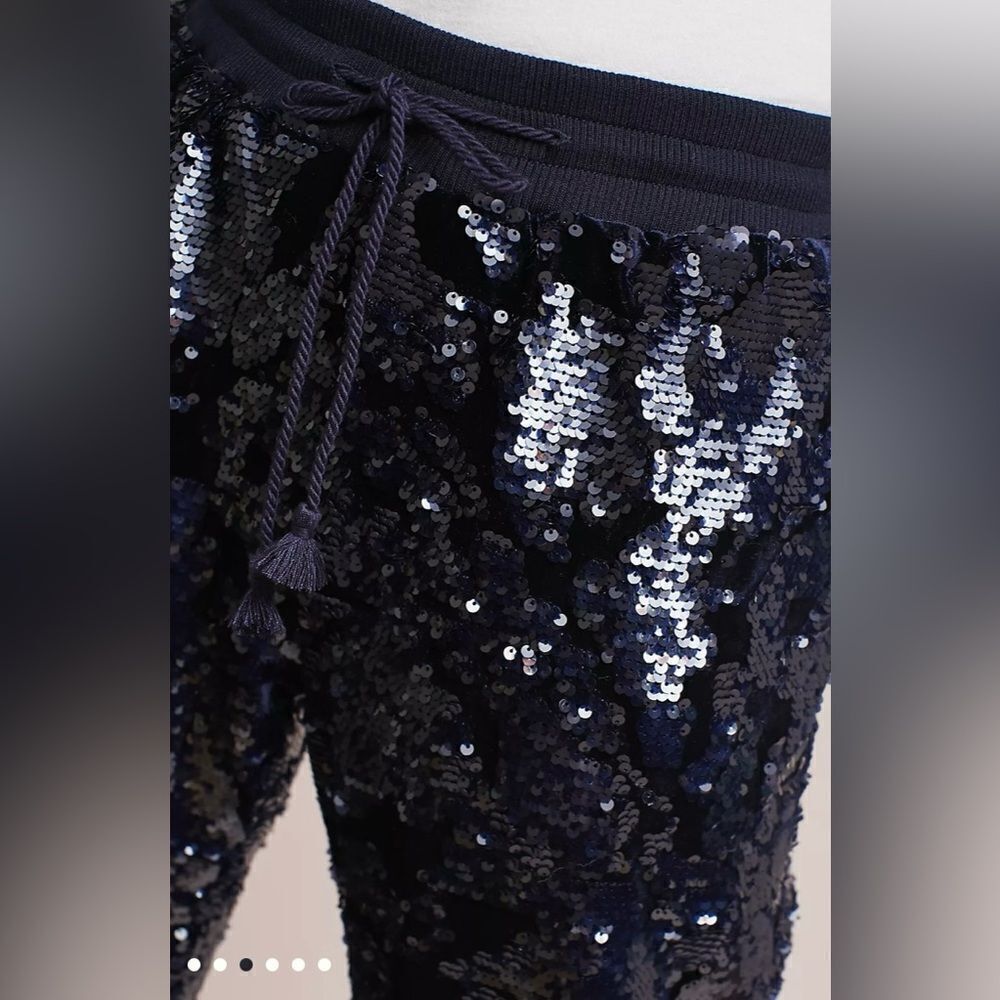 Anthropologie ett:twa Sequin Velvet Joggers Holiday Sparkle navy blue Medium M - Picture 13 of 16